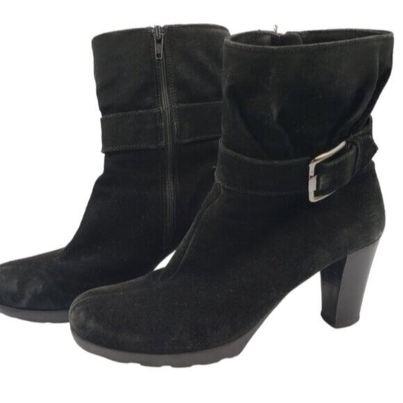 La Canadienne Black Suede Heeled Ankle Boots Size 8.5 Side Zip Treads Winter - Picture 14 of 14
